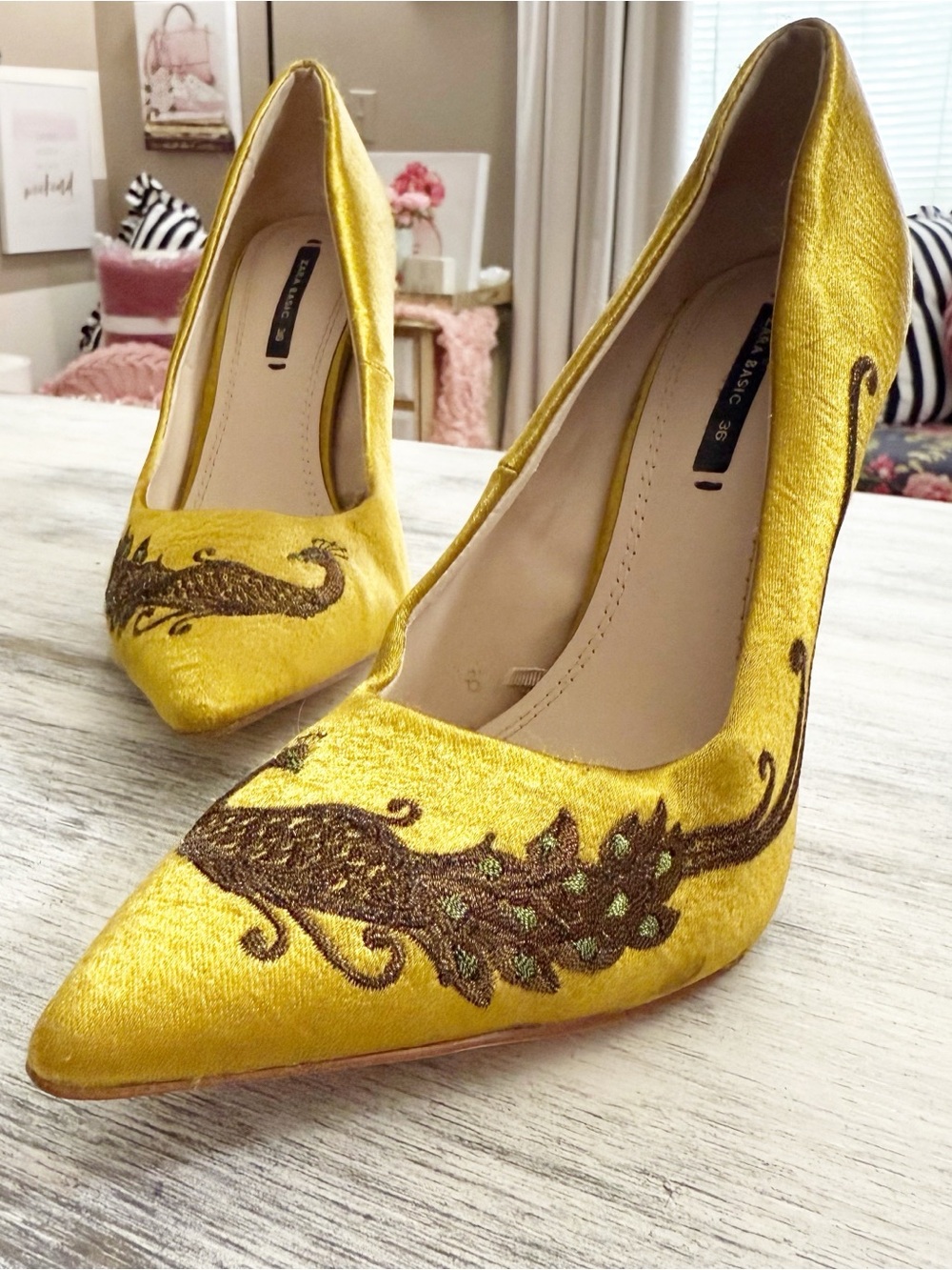 Zara Peacock Embroidered Pointed-Toe Stiletto Heels size 36